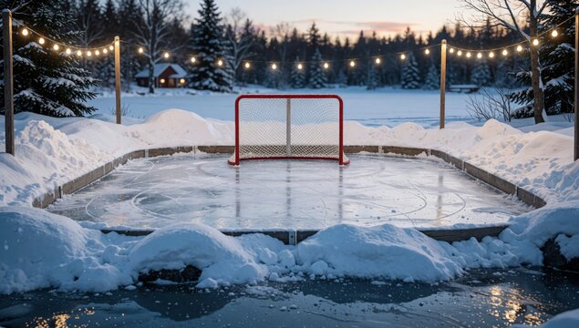 Ice hockey rink middle snowy landscape surrounded trees there small pond foreground sky orange pink indicating