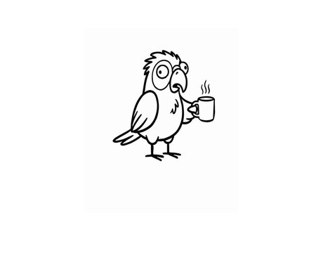 Funny cartoon parrot character holding a hot coffee mug with both hands, looking tired with wide eyes. Vector line art illustration for morning coffee mood, office break humor, and energy concepts.