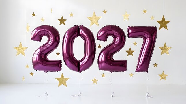 A festive celebration background featuring shiny dark purple foil balloons shaped as the number twenty twenty seven surrounded by golden glittery star confetti