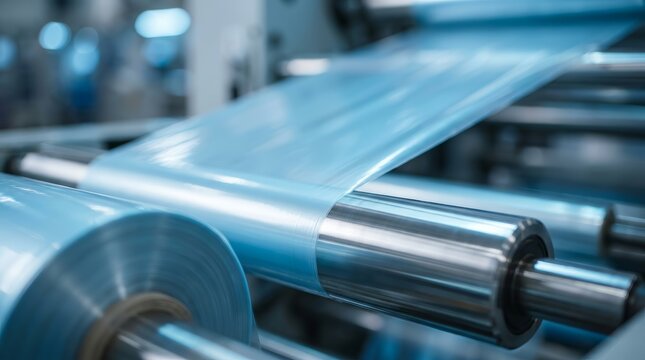 Product packaging concept featuring a close-up of a polyethylene plastic bag production machine roller.