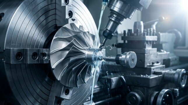 Metal impeller being manufactured using professional CNC lathe technology.