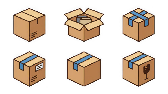 Collection of illustrated cardboard boxes with various tape and content symbols transparent background
