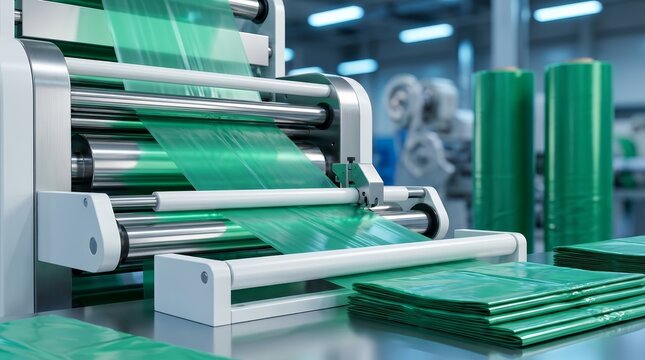 Industrial machinery for polyethylene plastic bag production with product packaging concept.