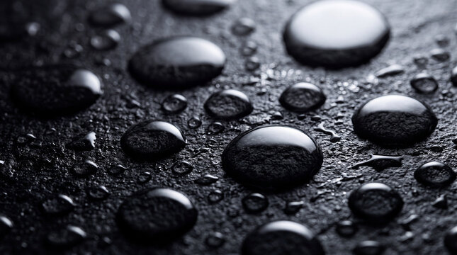 Monochrome close-up of smooth black stones and scattered water droplets on a wet textured surface, creating a dramatic abstract natural background with reflective highlights
