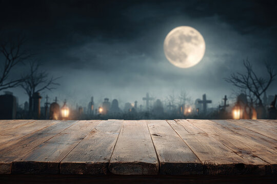 An empty wooden table with a spooky cemetery, full moon, Halloween night as the background.