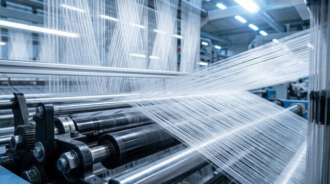Automated manufacturing process showing textile threads on a weaving machine.