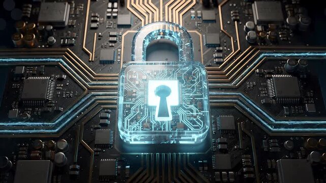 Cybersecurity lock animation with digital keyhole, encrypted processor circuitry, secure data protection, network defense and futuristic information security technology background video