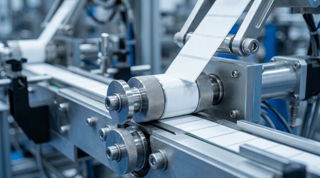 Industrial concept of a high-speed labeling machine with a continuous sticker strip.