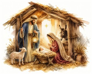 Obraz premium Nativity scene in rustic stable with Mary, Joseph, baby