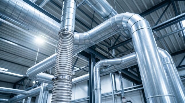 Low angle view of air ducts used for removing sawdust during manufacturing.