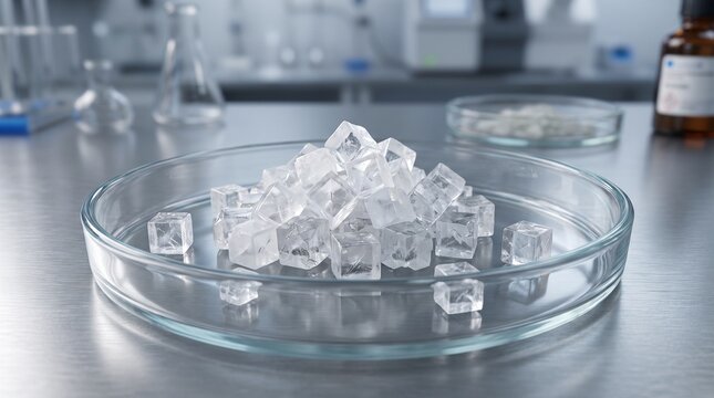 Potassium bromide crystals in Petri dish