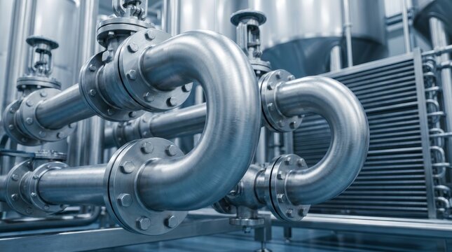 Close-up of food production machinery with stainless steel pipes, cooling radiator, and valves.