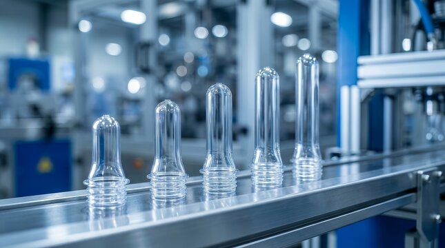 Industrial production of PETG preforms on an automated conveyor belt system.