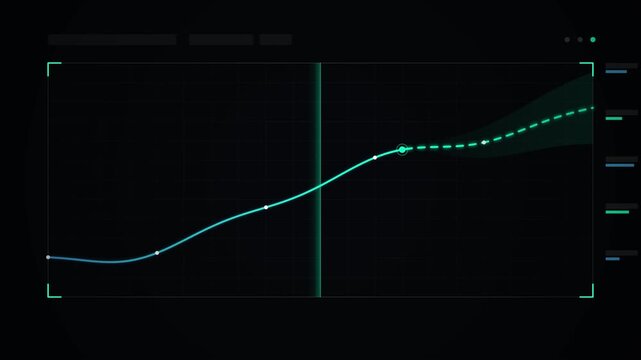 Futuristic artificial intelligence data visualization showing predictive growth charts and rising financial statistics with glowing digital interface elements for business analytics and success.