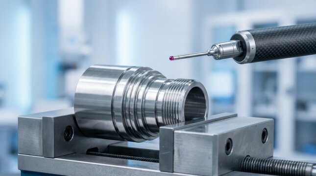 High-tech inspection of a machined metal part with a coordinate measuring machine.