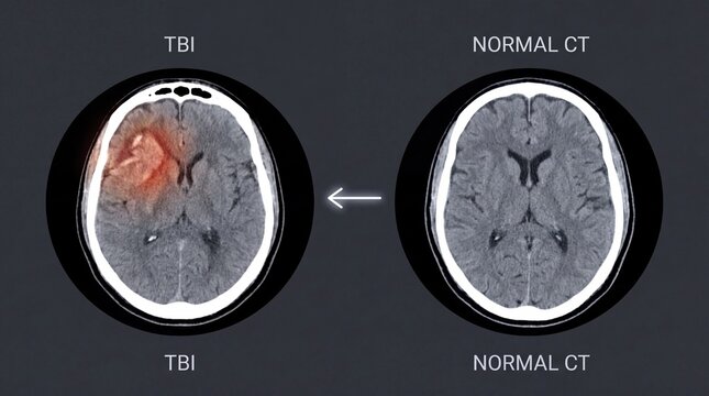 Traumatic Brain Injury Hematoma and Normal Head CT Scan Concept