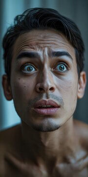 Alarmed person with a tense facial expression and an apprehensive gaze in a dramatic portrait conveying fear and unease through expressive eyes and visible tension for emotional storytelling concepts.