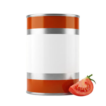 Metal food tin can with blank white label and fresh tomato slice as isolated on transparent background
