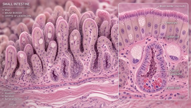 Microscopic image of small intestine histology featuring mucosal villi covered by enterocytes and glandular crypts with a detailed inset of goblet cells, paneth cells, and absorptive enterocytes
