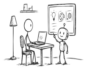 Fototapeta premium Vector illustration of a young woman working on a laptop in a modern office environment with copy space