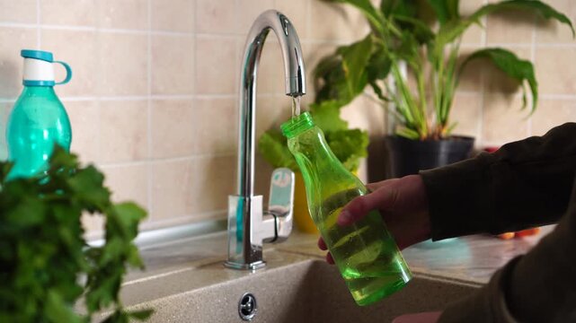 Person filling a reusable bottle with filtered water for healthy hydration