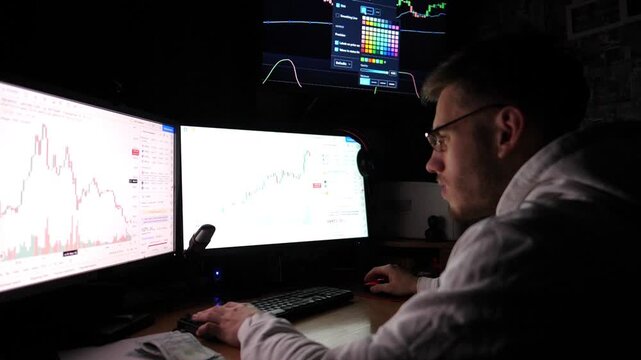 Trader analyzing cryptocurrency market trends on dual monitors, showcasing dynamic price fluctuations and data analysis in a focused workspace, emphasizing the evolving nature of digital finance