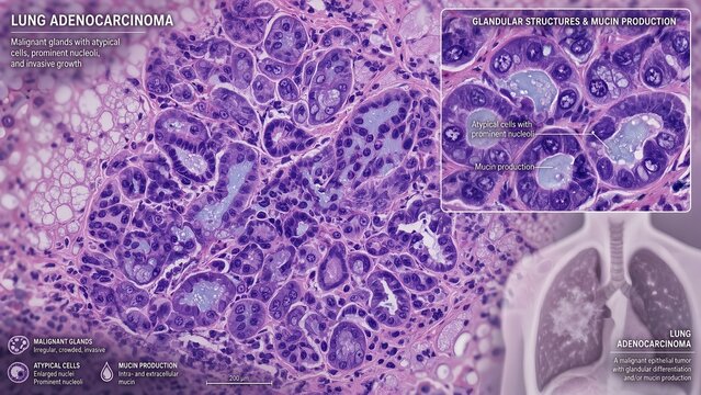 Histological section of lung tissue with adenocarcinoma featuring malignant glands, atypical cells, prominent nucleoli, and invasive growth, plus an inset showing mucin production