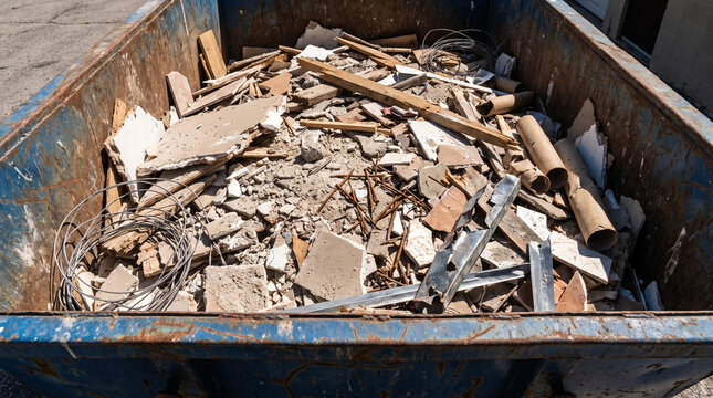 Piles of construction debris in dumpster full of rubble and waste  