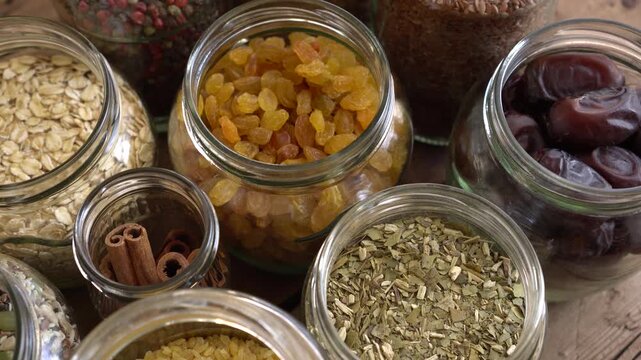 Healthy Grains and Seeds in Glass Jars