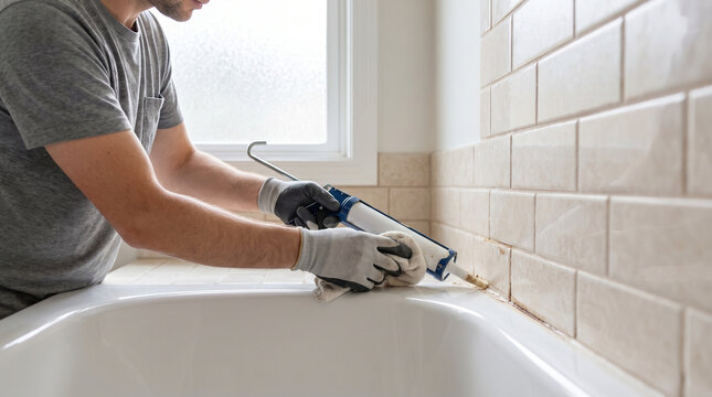 Man applying silicone sealant in bathroom tub corner for repair  