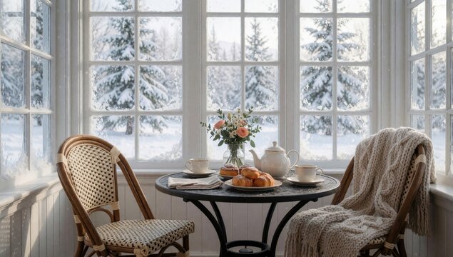 Cozy breakfast table set front large window multiple panes glass covered snow outside there trees blanket whit