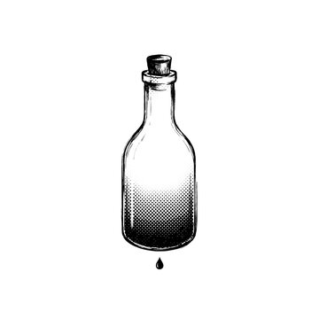 Glass bottle with cork stopper and ink drip for creative alchemy and potion design ideas.
