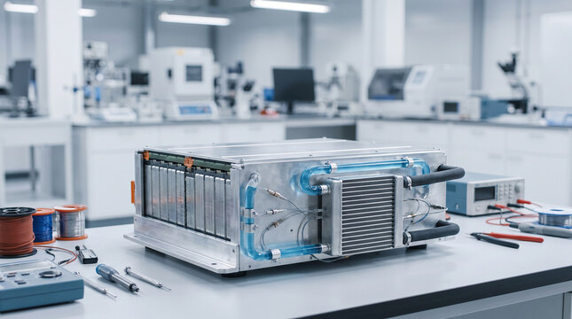 High-tech industrial electric vehicle battery prototype featuring liquid cooling system and metal casing sits on a clean laboratory testing table