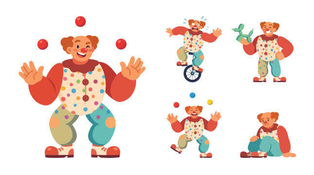Colorful clowns performing circus tricks with balls and unicycle