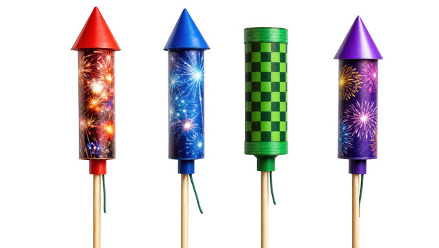 Set of four colorful firework rockets on wooden sticks as isolated on transparent background