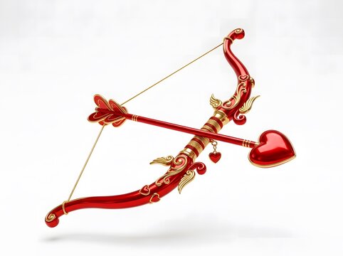 A decorative red cupid bow and arrow set with heart shaped tips isolated on a white background for valentines day greeting card design