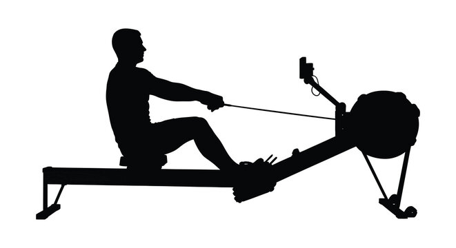 Athlete using a rowing machine against a white background silhouette