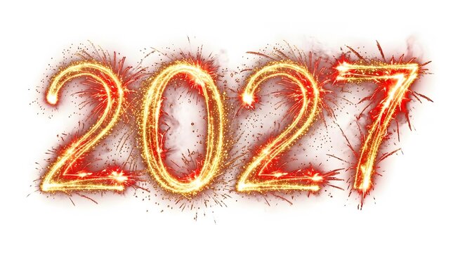 The year 2027 written in bright glowing golden sparkler fire light isolated on a pure white background for a festive new year celebration