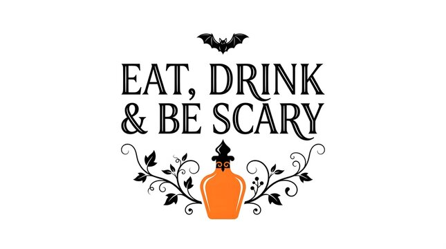 A festive halloween design featuring the text eat drink and be scary with a cute bat illustration and a potion bottle on white