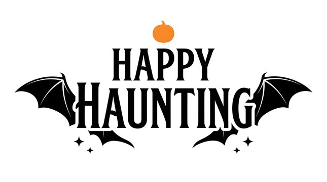 A festive halloween design featuring the text happy haunting with decorative black bat wings and a small orange pumpkin icon on a white
