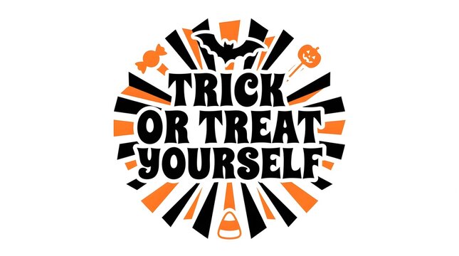 A festive halloween themed graphic design featuring the text trick or treat yourself surrounded by bats pumpkins and candy icons on white background