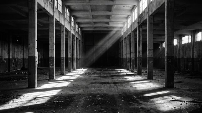 Abandoned industrial warehouse interior, dark empty factory hall with light rays, moody black and white architecture