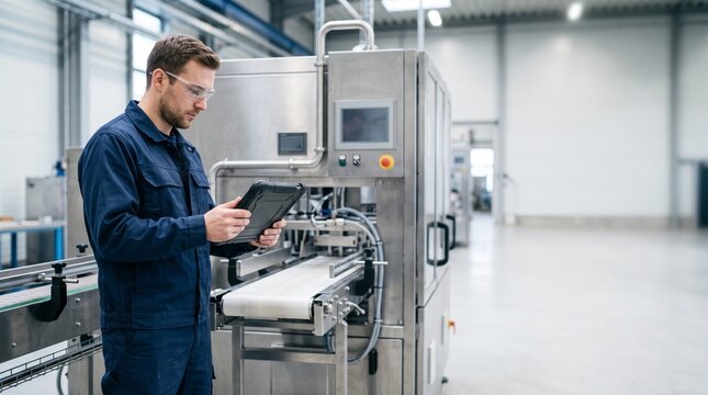 Instandhaltungstechniker prueft eine Produktionsmaschine mit einem robusten Tablet in der Werkhalle