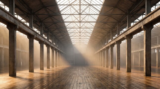 Industrial warehouse interior with sunbeams, empty rustic factory hall, atmospheric loft space with wooden floors