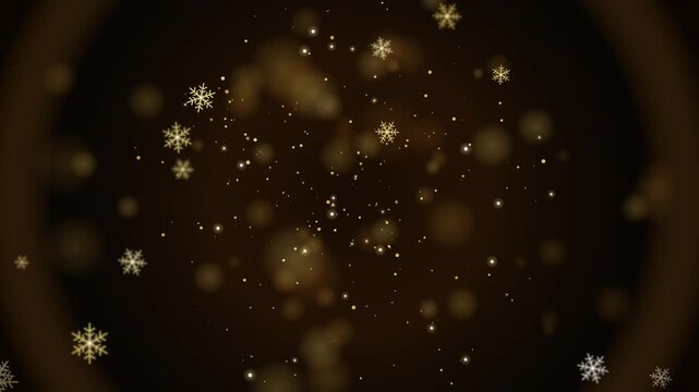 Abstract background with golden snowflakes and glowing particles falling in a dark space, festive winter holiday motion graphic element