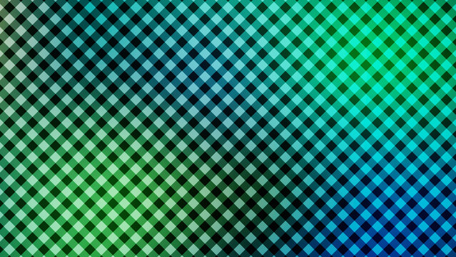 Minimalist abstract background featuring diagonal checkered grid pattern in vibrant green and blue gradient tones with subtle grainy texture for modern graphic design and digital projects