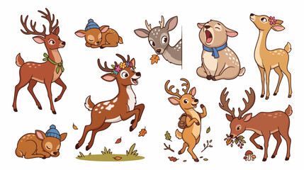 Obraz premium Playful Cartoon Deer Collection Isolated on White Background