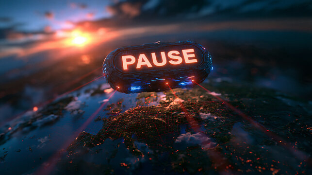 Glowing Pause Button Floating Above Planet Earth in Space