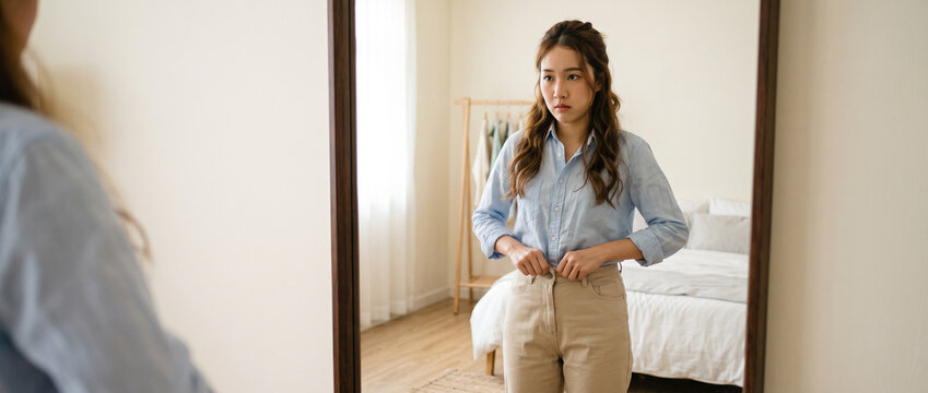 Get dress, pretty asian young woman, businesswoman standing wearing striped shirt, female getting dressed preparing before go to work looking reflection in the mirror in the morning at home. 