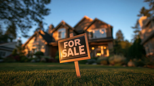 Real Estate For Sale Sign Outside Suburban Family Home